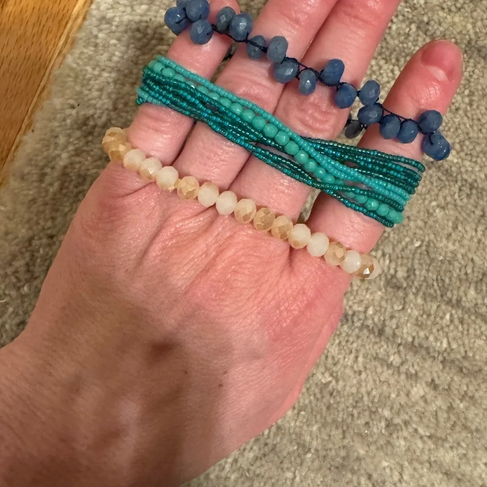 Set of Three Beaded Bracelets in Cream, Teal, and Blue